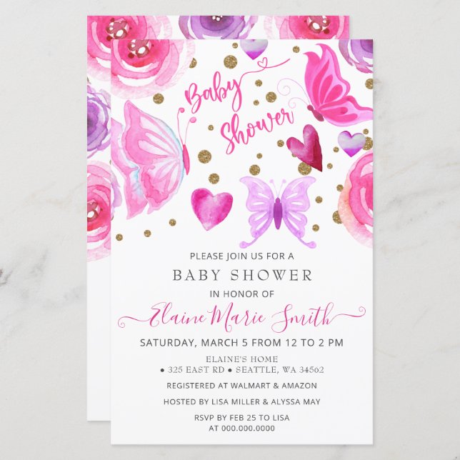 バジェットパープル蝶ベビーシャワー招待状 (正面/裏面)
