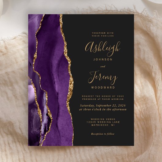 バジェットパープル金ゴールドアガテダーク結婚式招待状