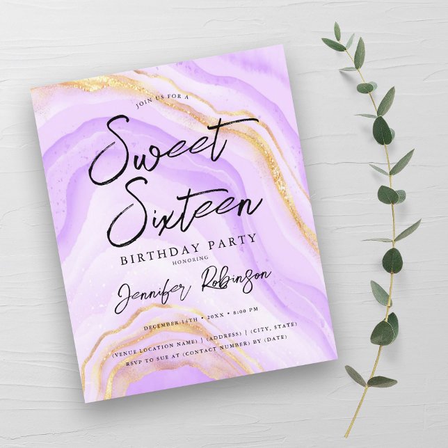 バジェットパープル金ゴールドグリッターマーブルスウィート16招待状 (Budget Purple Gold Glitter Marble Sweet 16 Invite )