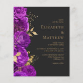 バジェットパープル金ゴールドダークフローラ結婚式招待状 (正面)