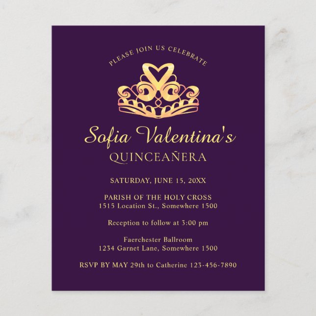 バジェットパープル金ゴールドティアラキンセアニェラ招待状 (正面)