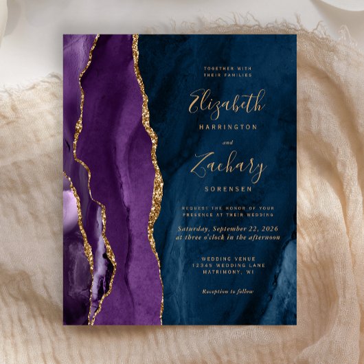 バジェットパープル金ゴールドネイビーブルー瑪瑙ウェディング招待