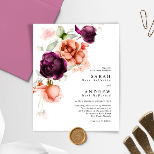 バジェットパープル&ピーチフラワーズ結婚式招待状
