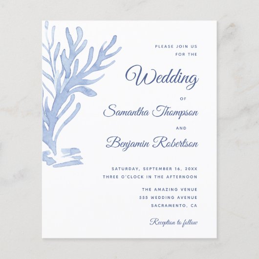 バジェットビーチ結婚式招待状モダンブルーホワイト (正面)