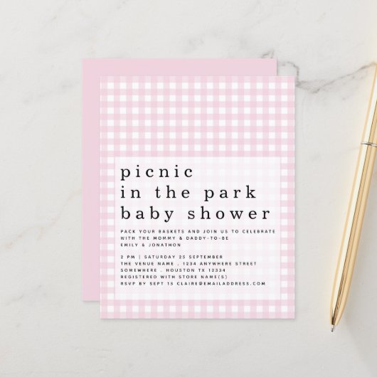 バジェットピクニックパークベビーシャワーピンクギンガム招待状 (正面/裏面インサイチュ)