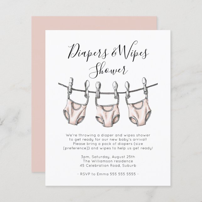 バジェットピンクおむつ&ワイプ赤ちゃんシャワー招待状 (正面/裏面)