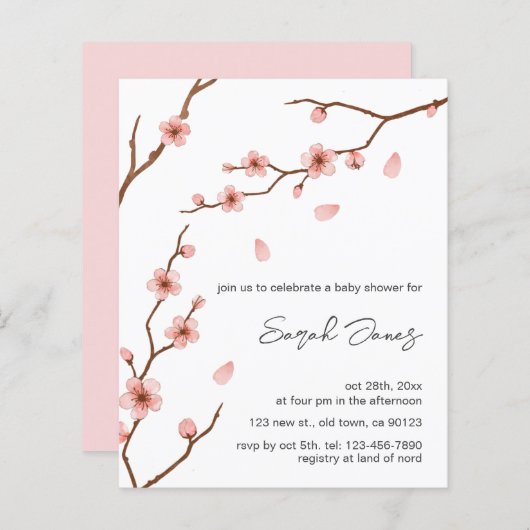 バジェットピンクさくらんぼブロッサムベビーシャワー招待状 (正面/裏面)