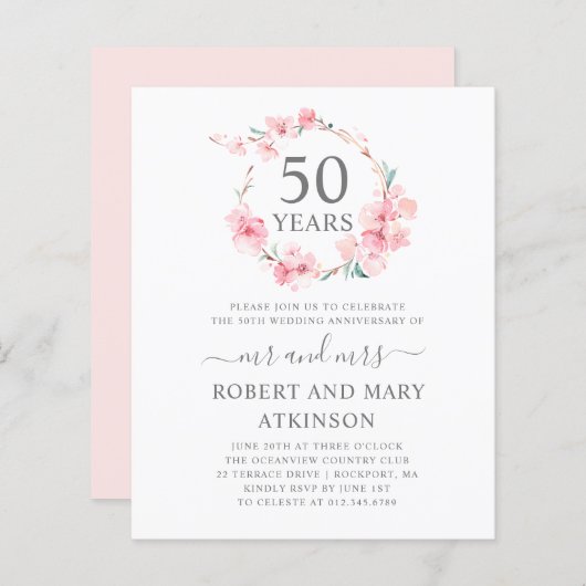 バジェットピンクさくらんぼブロッサム50周年招待状 (正面/裏面)