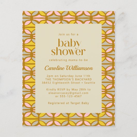 バジェットピンクと黄色の抽象芸術ベビーシャワー招待状 (正面)
