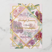 バジェットピンクのフローラと金ゴールド幾何学的 箔招待状 (正面)