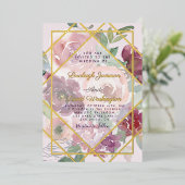 バジェットピンクのフローラと金ゴールド幾何学的 箔招待状 (立ち正面)