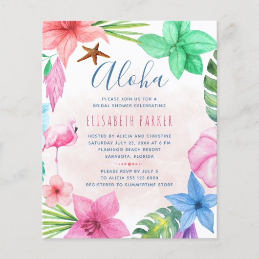 バジェットピンクのフローラ夏のブライダルシャワー招待状 (正面)