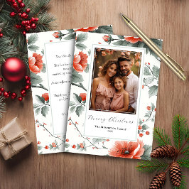 バジェットピンクのヴィンテージフローラ写真クリスマスカード