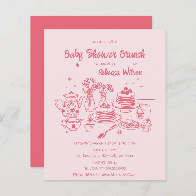 バジェットピンクの手で描かれた女の子ベビーシャワーブランチ (正面/裏面)