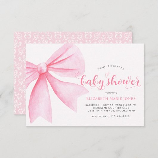 バジェットピンクの水の色の弓リボンガールベビーシャワー ノートカード (正面/裏面)