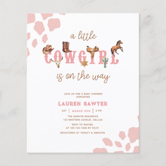 バジェットピンクウェスタン女性のカーボーイベビーシャワー招待状 チラシ (正面)