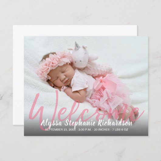バジェットピンクウェルカム数々のフォトベビーのお知らせ (正面/裏面)