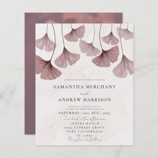 バジェットピンクウォーターカラーイチョウ結婚式招待状 (正面/裏面)