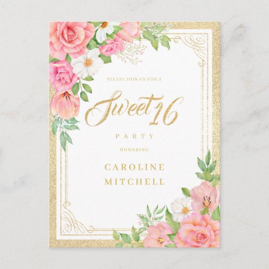 バジェットピンクウォーターカラーエレガントフローラスイーツ16 インビテーションポストカード (正面)