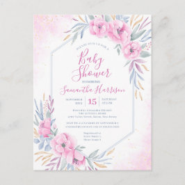 バジェットピンクウォーターカラーフローラエレガントベビーシャワー インビテーションポストカード
