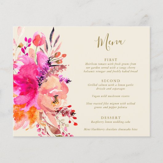 バジェットピンクウォーターカラーフローラカスタムウェディングメニュー (正面)