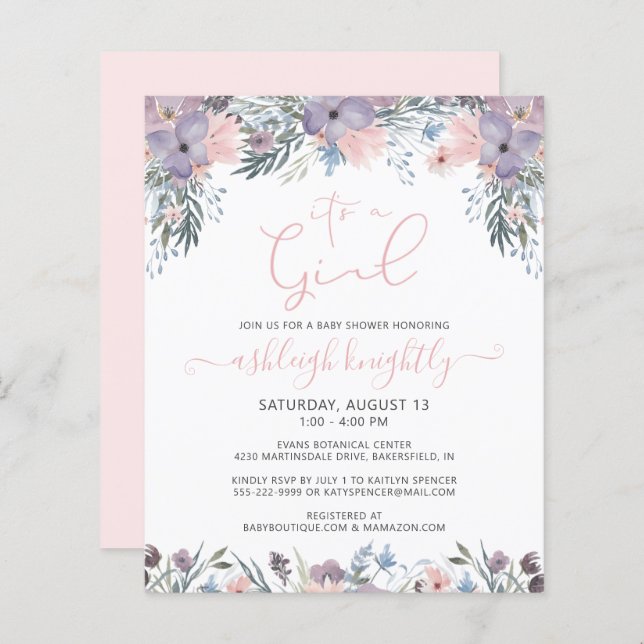 バジェットピンクウォーターカラーフローラガールベビーシャワー (正面/裏面)