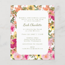 バジェットピンクウォーターカラーフローラバルミツワー招待状