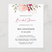 バジェットピンクウォーターカラーフローラブライダルシャワー招待状 (正面)