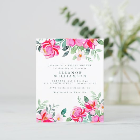 バジェットピンクウォーターカラーフローラブライダルシャワー招待状 (スタンド正面)