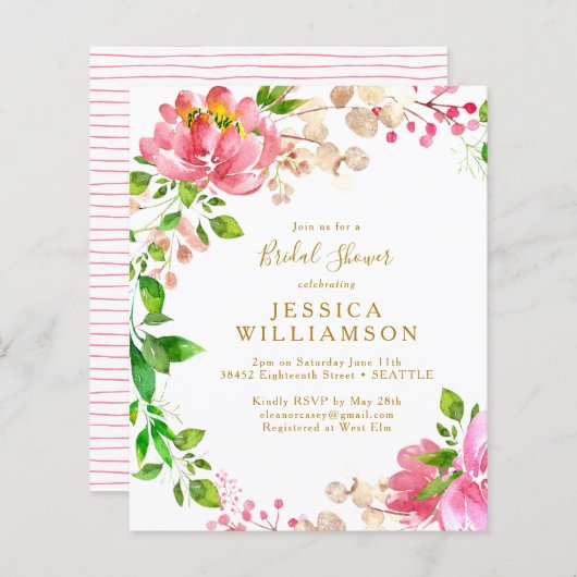 バジェットピンクウォーターカラーフローラブライダルシャワー招待状 (正面/裏面)