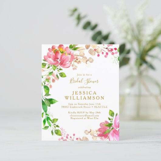 バジェットピンクウォーターカラーフローラブライダルシャワー招待状 (スタンド正面)