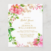 バジェットピンクウォーターカラーフローラブライダルシャワー招待状 (正面)