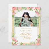 バジェットピンクウォーターカラーフローラ甘い16写真 インビテーションポストカード (正面/裏面)