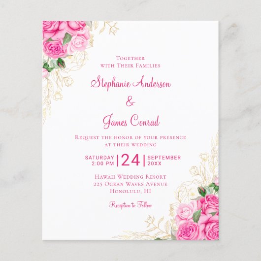 バジェットピンクウォーターカラーフローラ結婚式招待状 (正面)