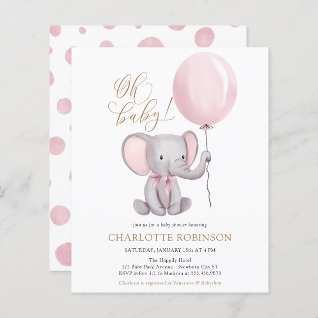 バジェットピンクエレファントガールベビーシャワー招待状 (正面/裏面)