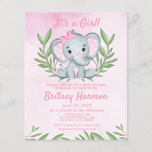 バジェットピンクエレファントガールベビーシャワー招待状 チラシ (正面)