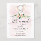 バジェットピンクエレファントガールベビーシャワー招待状 チラシ (正面)