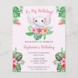 バジェットピンクエレファントガールベビー誕生日招待状