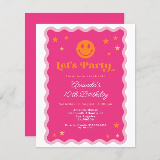 バジェットピンクオレンジスマイル顔波形誕生日招待状