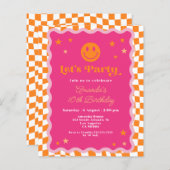 バジェットピンクオレンジハッピー顔ウェー誕生日招待状 (正面/裏面)