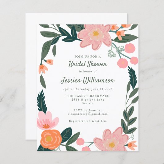 バジェットピンクオレンジフローラブライダルシャワー招待 (正面/裏面)