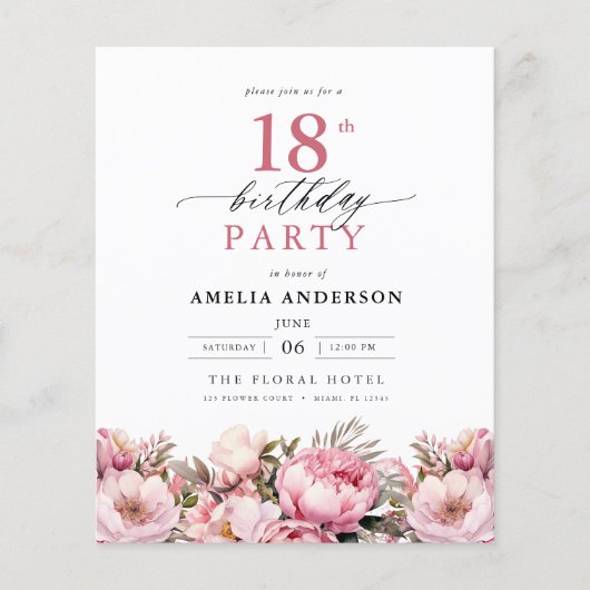 バジェットピンクガーデンフローラ18th誕生日招待状 (正面)