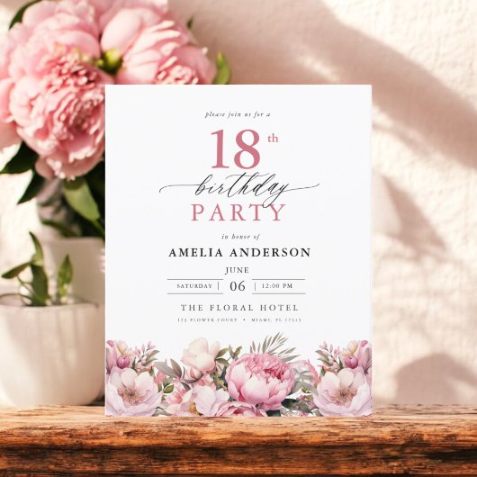 バジェットピンクガーデンフローラ18th誕生日招待状 チラシ