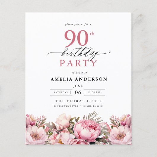 バジェットピンクガーデンフローラ90th誕生日招待状 (正面)