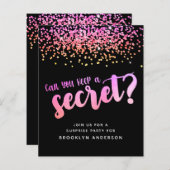 バジェットピンクグリッターサプライズパーティの招待状 (正面/裏面)