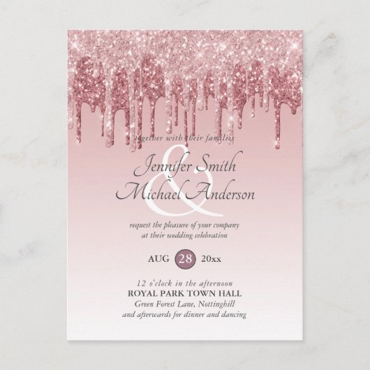 バジェットピンクグリッターバラ金ゴールド結婚式招待状 ポストカード (正面)