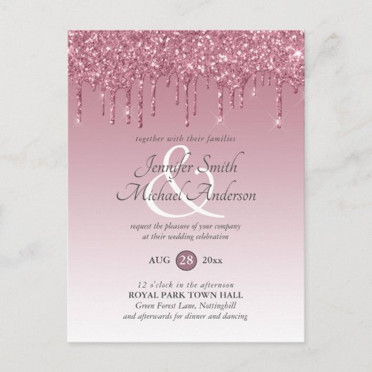 バジェットピンクグリッターバラ金ゴールド結婚式招待状 ポストカード (正面)