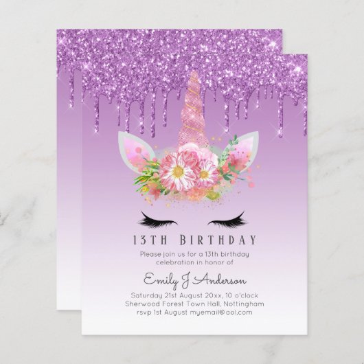 バジェットピンクグリッターユニコーンガールズ誕生日招待状 (正面/裏面)