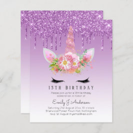 バジェットピンクグリッターユニコーンガールズ誕生日招待状