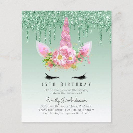 バジェットピンクグリッターユニコーンガールズ誕生日招待状 チラシ (正面)